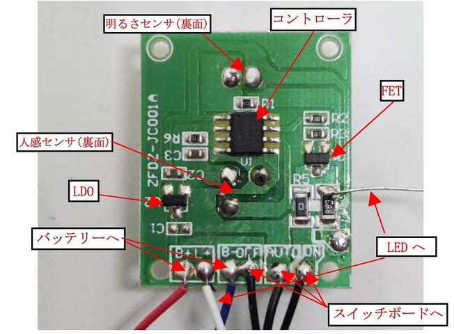 ダイソー・人感センサーライトのメインボード（表面）。山崎さんの記事ではこのようにくわしく紹介している