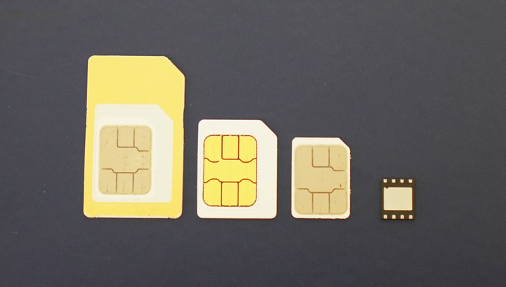 左から標準SIM、micro SIM、 nano SIM、 MFF2（eSIM）