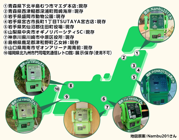 現存しているデュエットフォン一覧がこちら。他の地域にもまだ見つかっていないものがあるかも……！？ 情報求ム！！！