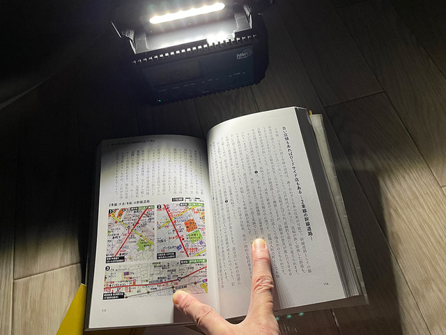 読書用ランプで本を照らしているところ
