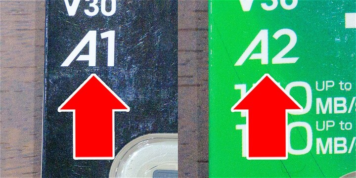 A1は読込速度1500 IOPS以上、書込速度500 IOPS以上。A2は読込速度4000 IOPS、書込速度2000 IOPS以上。数字が高いほど速度も上がる