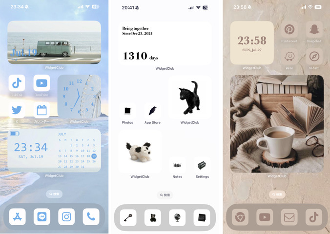 上記の画像は、後述する「WidgetClub」というカスタムアプリを使い、iPhoneのホーム画面を筆者がカスタマイズした例です