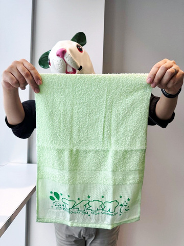 ご自宅で使うもよし、旅行先で使うもよし！のタオルです。（後ろのウサギは付いてきませんのでご安心ください）